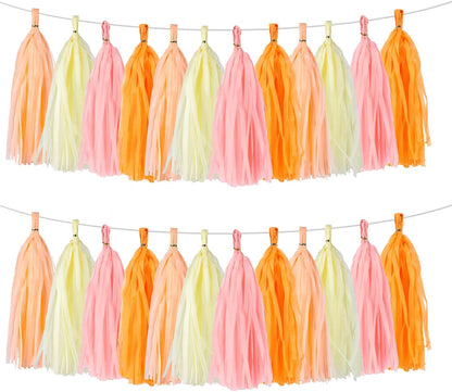 Peach Pink & Orange Tassel Garland Banner – 40 PCS Paper Tassels for Birthday, Wedding, Baby Shower, Bridal Shower, and Party Decorations
