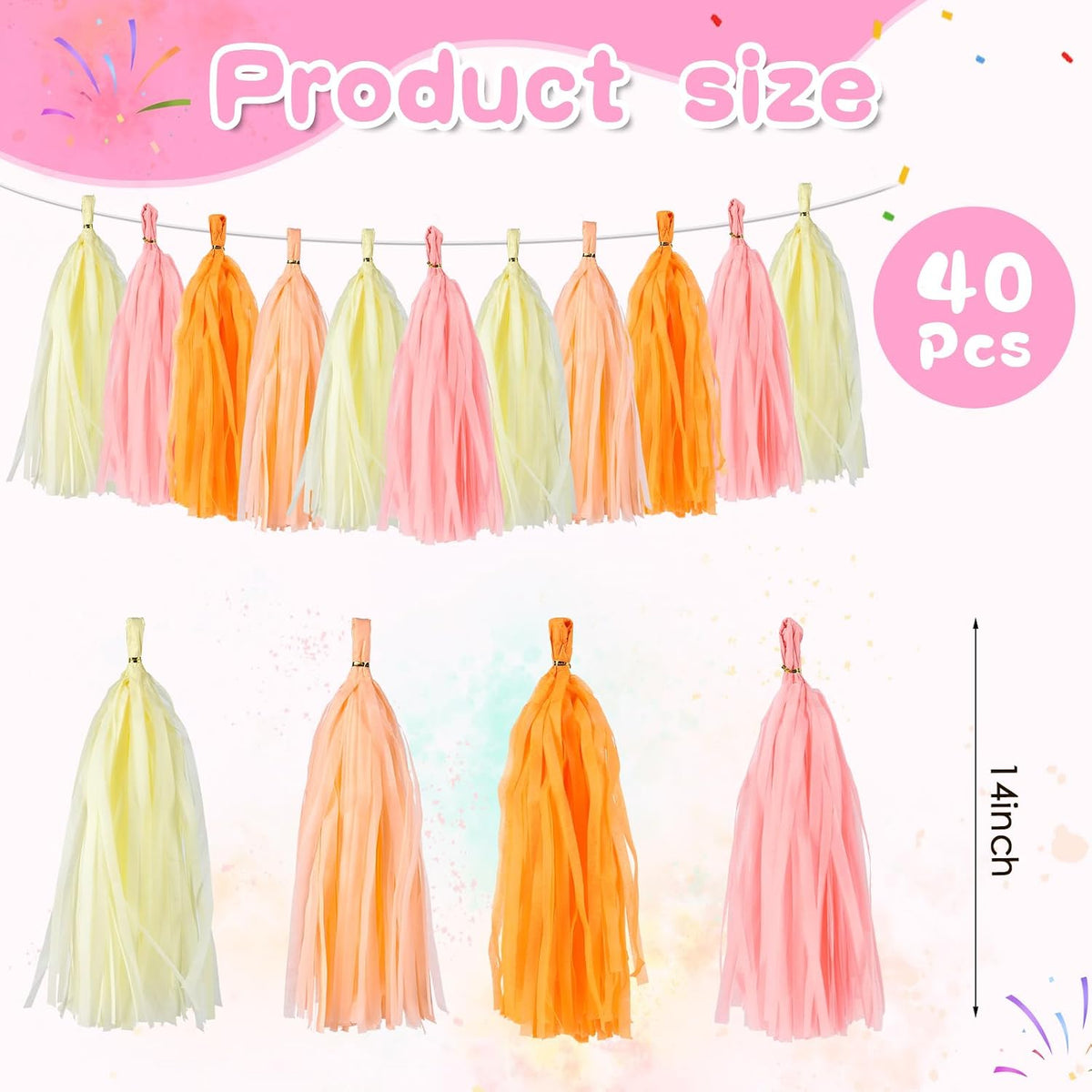 Peach Pink & Orange Tassel Garland Banner – 40 PCS Paper Tassels for Birthday, Wedding, Baby Shower, Bridal Shower, and Party Decorations