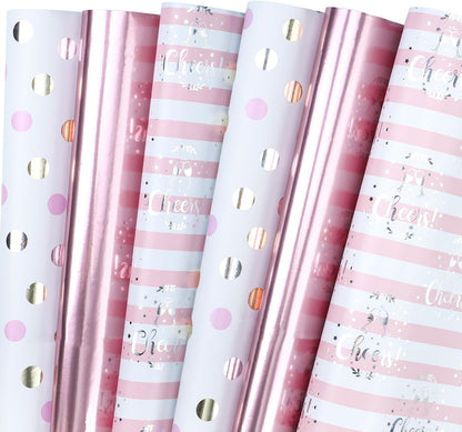 Pink Wrapping Paper - 12 Sheets Rose Gold and Pink Design Folded Flat for Wedding, Bridal Shower, Girls Birthday - 19.7 Inch x 30 Inch Per Sheet