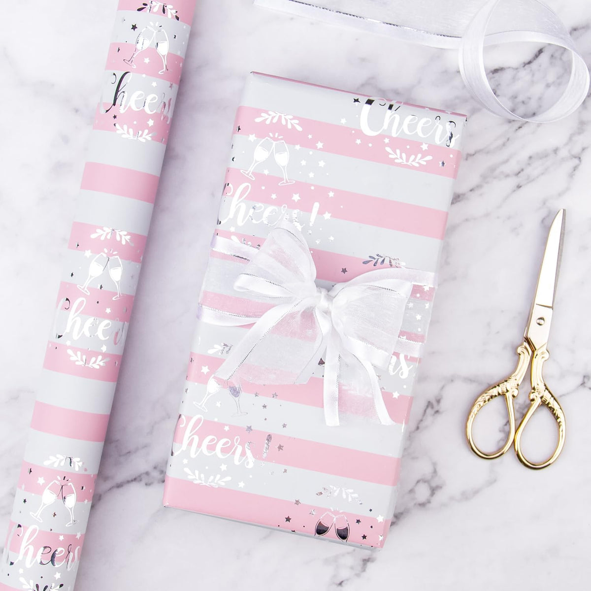 Pink Wrapping Paper - 12 Sheets Rose Gold and Pink Design Folded Flat for Wedding, Bridal Shower, Girls Birthday - 19.7 Inch x 30 Inch Per Sheet