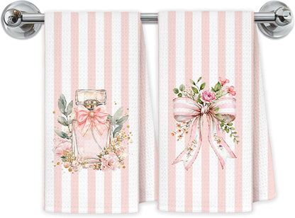 Coquette Pink Bow Floral Bathroom Hand Towels, Coquette Girly Bathroom Decor, Pink and White Striped Perfume Decorative Hand Towels for Bath Room Washroom Restroom, 16x24 Inch Set of 2