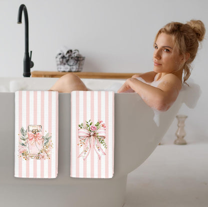 Coquette Pink Bow Floral Bathroom Hand Towels, Coquette Girly Bathroom Decor, Pink and White Striped Perfume Decorative Hand Towels for Bath Room Washroom Restroom, 16x24 Inch Set of 2