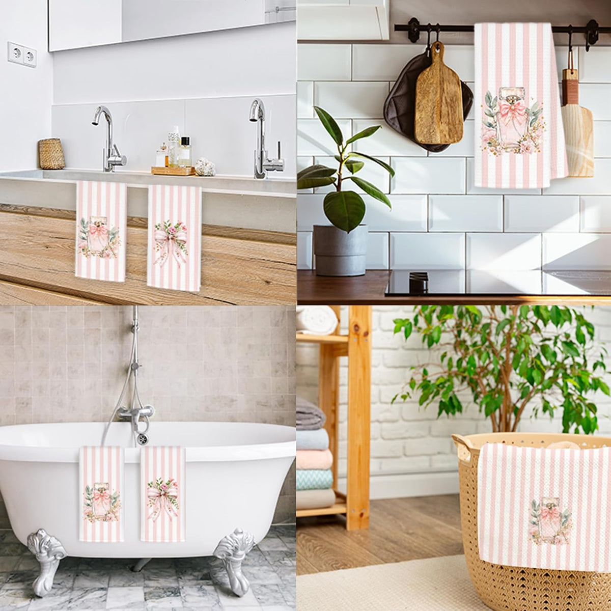 Coquette Pink Bow Floral Bathroom Hand Towels, Coquette Girly Bathroom Decor, Pink and White Striped Perfume Decorative Hand Towels for Bath Room Washroom Restroom, 16x24 Inch Set of 2