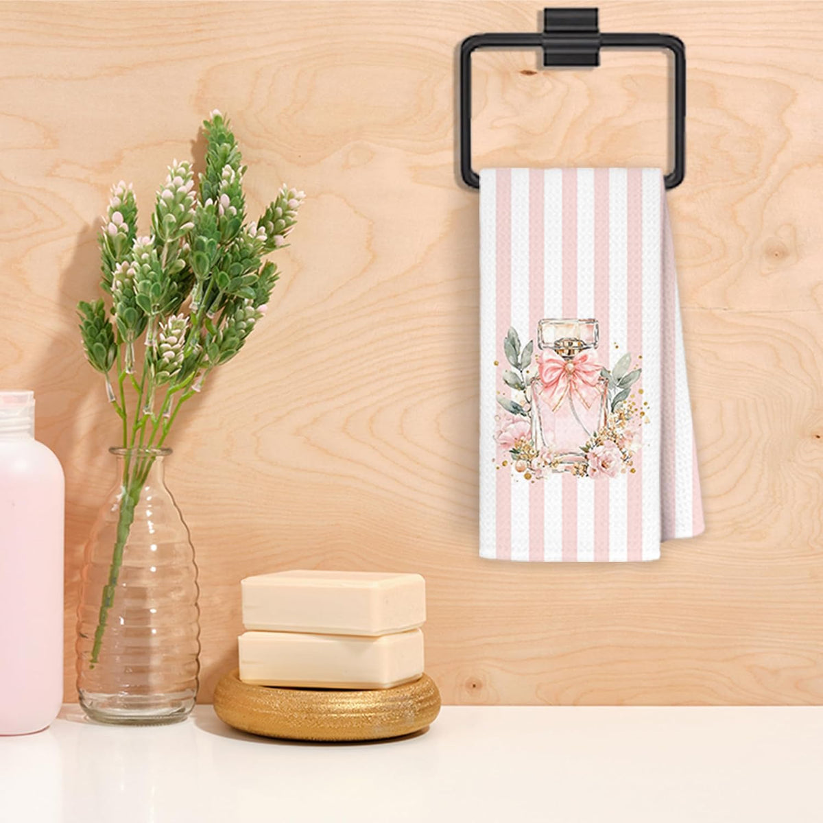 Coquette Pink Bow Floral Bathroom Hand Towels, Coquette Girly Bathroom Decor, Pink and White Striped Perfume Decorative Hand Towels for Bath Room Washroom Restroom, 16x24 Inch Set of 2