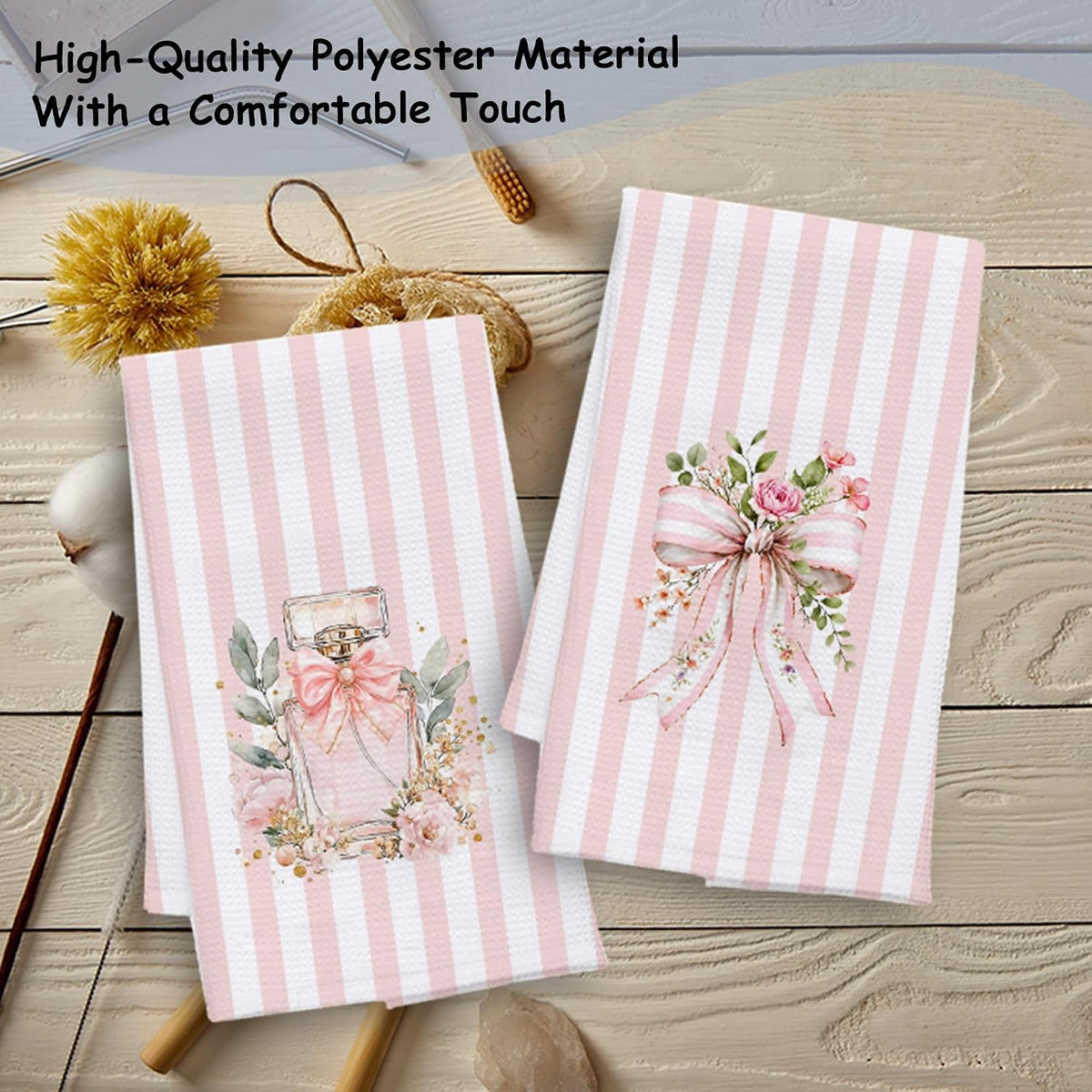 Coquette Pink Bow Floral Bathroom Hand Towels, Coquette Girly Bathroom Decor, Pink and White Striped Perfume Decorative Hand Towels for Bath Room Washroom Restroom, 16x24 Inch Set of 2