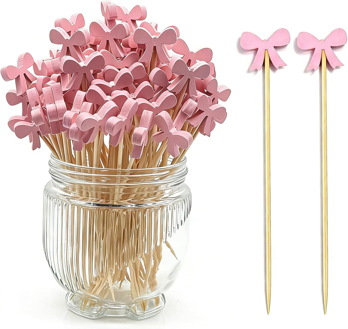 100Pcs Cocktail Picks Pink Bows Theme Decor Toothpicks Sticks Food Sandwich Skewers Appetizer Charcuterie Garnish for Birthday Wedding Valentines Day Decoration Party Supplies (Pink)