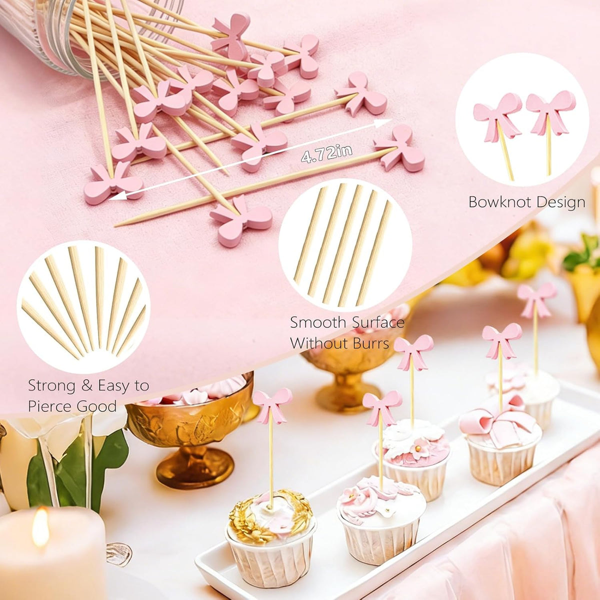100Pcs Cocktail Picks Pink Bows Theme Decor Toothpicks Sticks Food Sandwich Skewers Appetizer Charcuterie Garnish for Birthday Wedding Valentines Day Decoration Party Supplies (Pink)