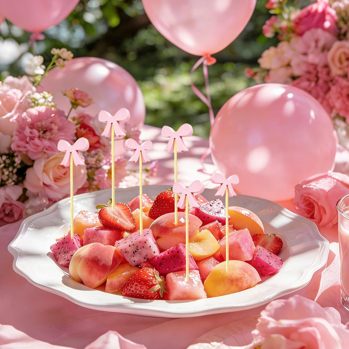 100Pcs Cocktail Picks Pink Bows Theme Decor Toothpicks Sticks Food Sandwich Skewers Appetizer Charcuterie Garnish for Birthday Wedding Valentines Day Decoration Party Supplies (Pink)