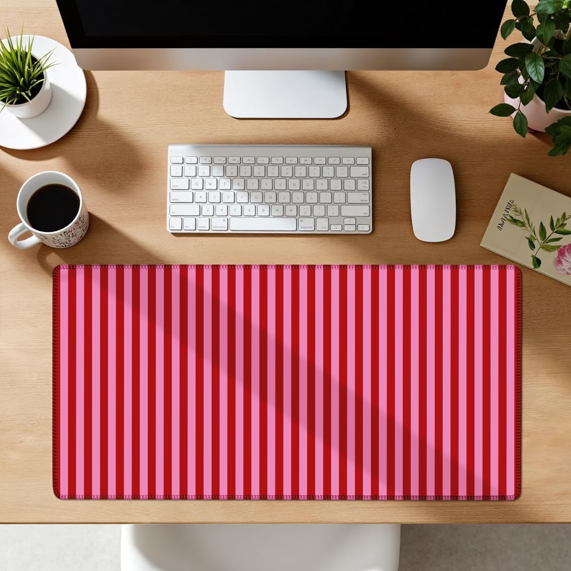 Pink Red Striped Desk Mat Cute Pastel XXL Large Gaming Mouse Pad Desk Pad Kawaii Aesthetic Cozy Keyboard Laptop Computer Mat Home Office Decor for Women