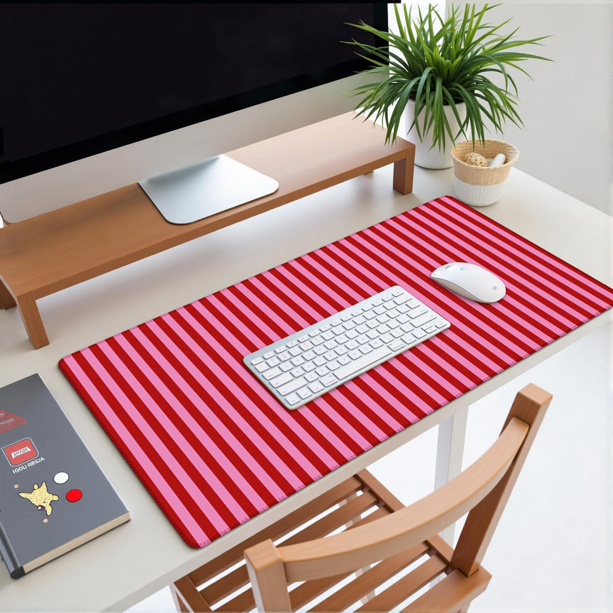 Pink Red Striped Desk Mat Cute Pastel XXL Large Gaming Mouse Pad Desk Pad Kawaii Aesthetic Cozy Keyboard Laptop Computer Mat Home Office Decor for Women