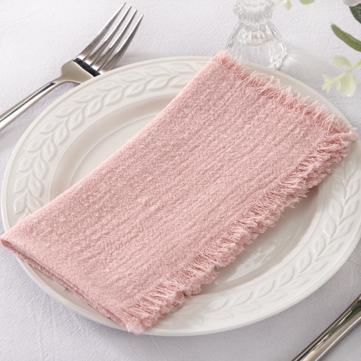 Socomi Set of 6 Linen Napkins Dusty Rose Easter Spring Cloth Napkins Washable Cotton Dinner Napkins Fringe 17"x17" for Wedding Party Bridal Baby Shower Birthday Table Decorations
