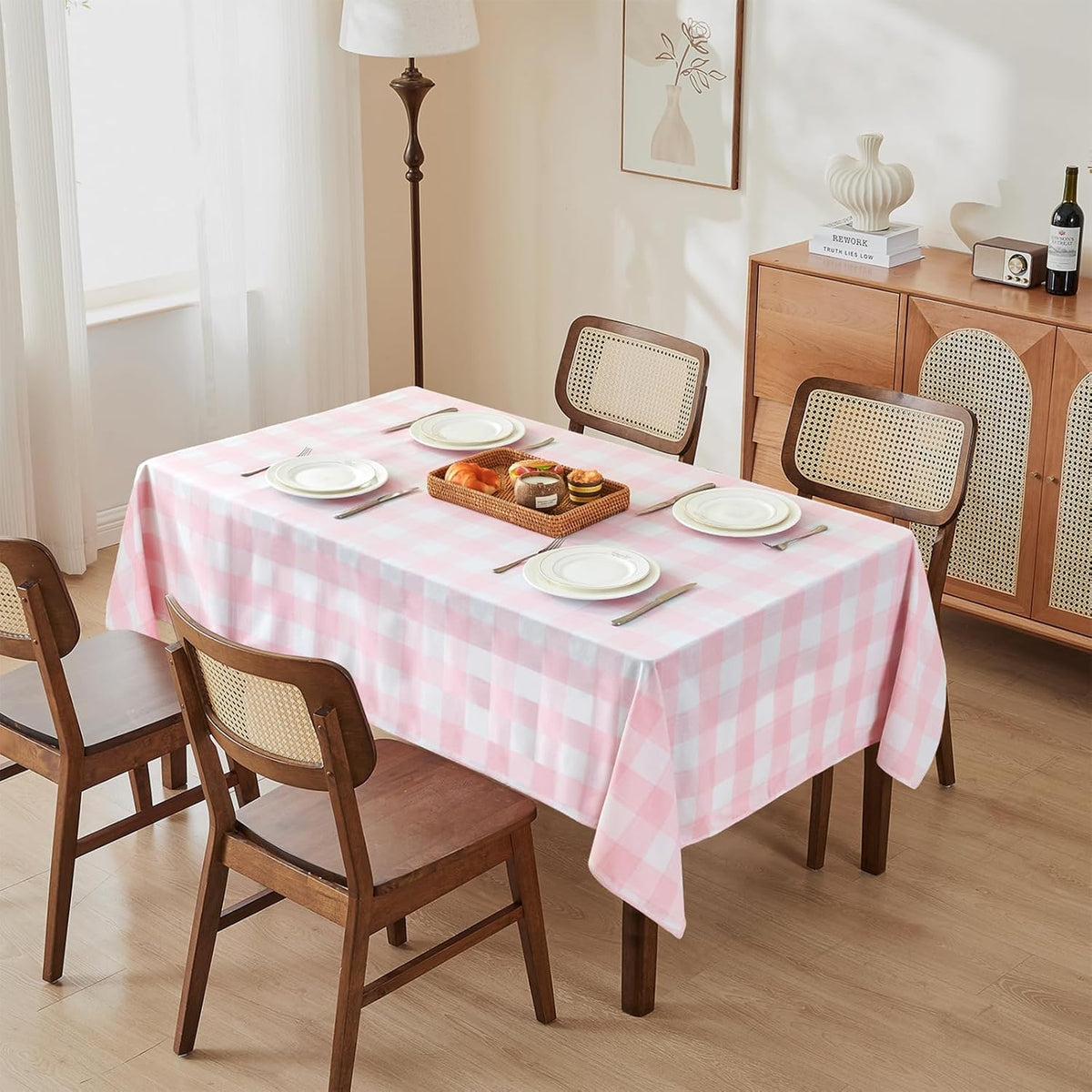 Pink and White Table Cloth Rectangle Table Cover 71"x55"