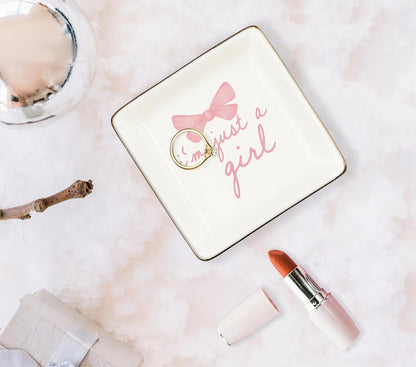 Coquette Pink Bow Ceramic Jewelry Tray Dish, Preppy Ribbon Jewelry Plate Ring Trinket Dish, Aesthetic Trendy Gifts for Women Bestie Aunt, Friendship Gifts for Best Friends 427