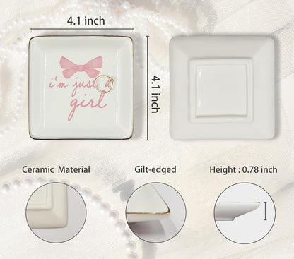 Coquette Pink Bow Ceramic Jewelry Tray Dish, Preppy Ribbon Jewelry Plate Ring Trinket Dish, Aesthetic Trendy Gifts for Women Bestie Aunt, Friendship Gifts for Best Friends 427