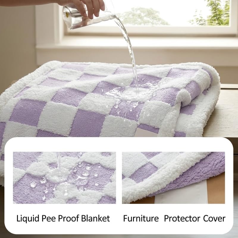 Waterproof Pet Blanket,Dog Bed Covers Couch Sofa Stylish Jacquard Pets Throw Blankets for Puppy Cats Washable Reversible Furniture Protection Covers (Purple Check,S)