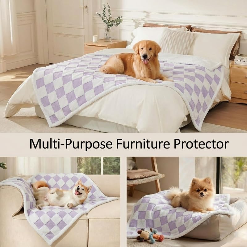 Waterproof Pet Blanket,Dog Bed Covers Couch Sofa Stylish Jacquard Pets Throw Blankets for Puppy Cats Washable Reversible Furniture Protection Covers (Purple Check,S)