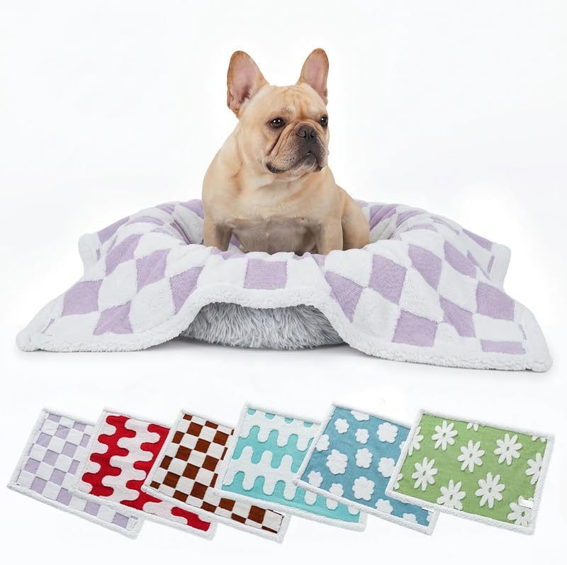 Waterproof Pet Blanket,Dog Bed Covers Couch Sofa Stylish Jacquard Pets Throw Blankets for Puppy Cats Washable Reversible Furniture Protection Covers (Purple Check,S)