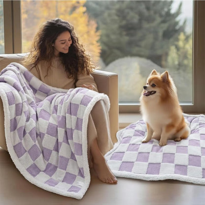 Waterproof Pet Blanket,Dog Bed Covers Couch Sofa Stylish Jacquard Pets Throw Blankets for Puppy Cats Washable Reversible Furniture Protection Covers (Purple Check,S)