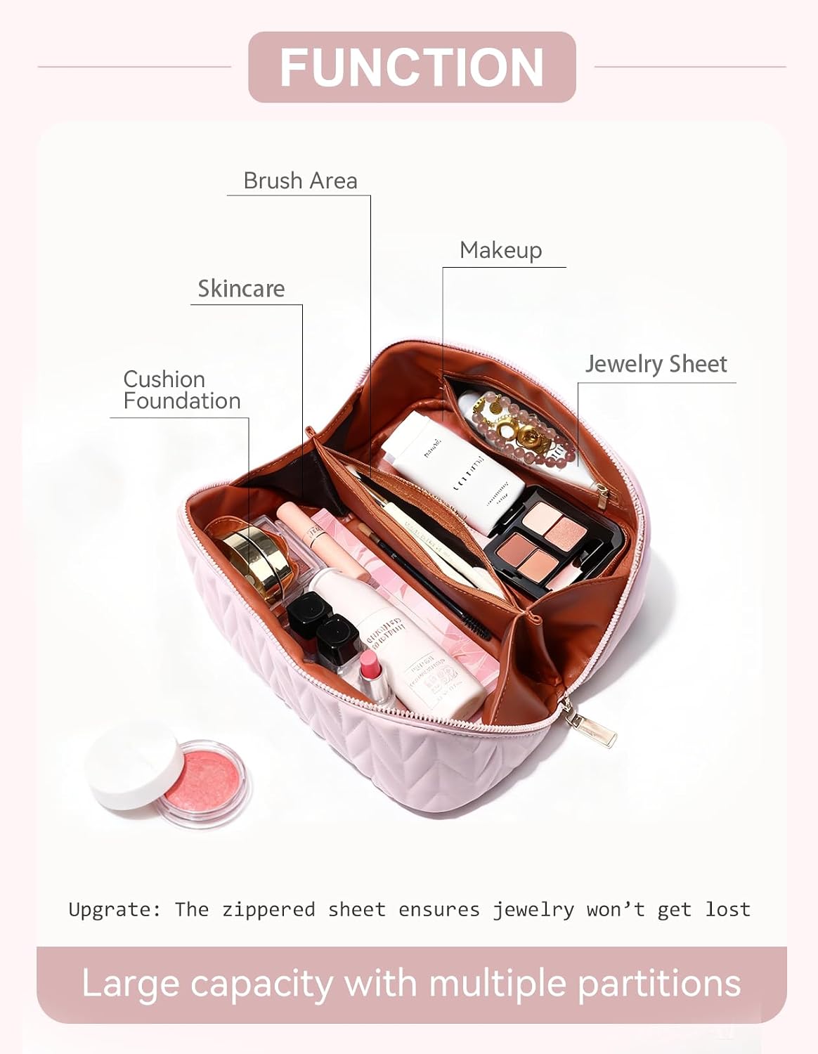 Travel Makeup Bag for Women, Large Capacity Cosmetic Bags for Girls, Compact Pouch Make up Organizer, Waterproof Toiletry Bag with Divider and Handle (Pink)