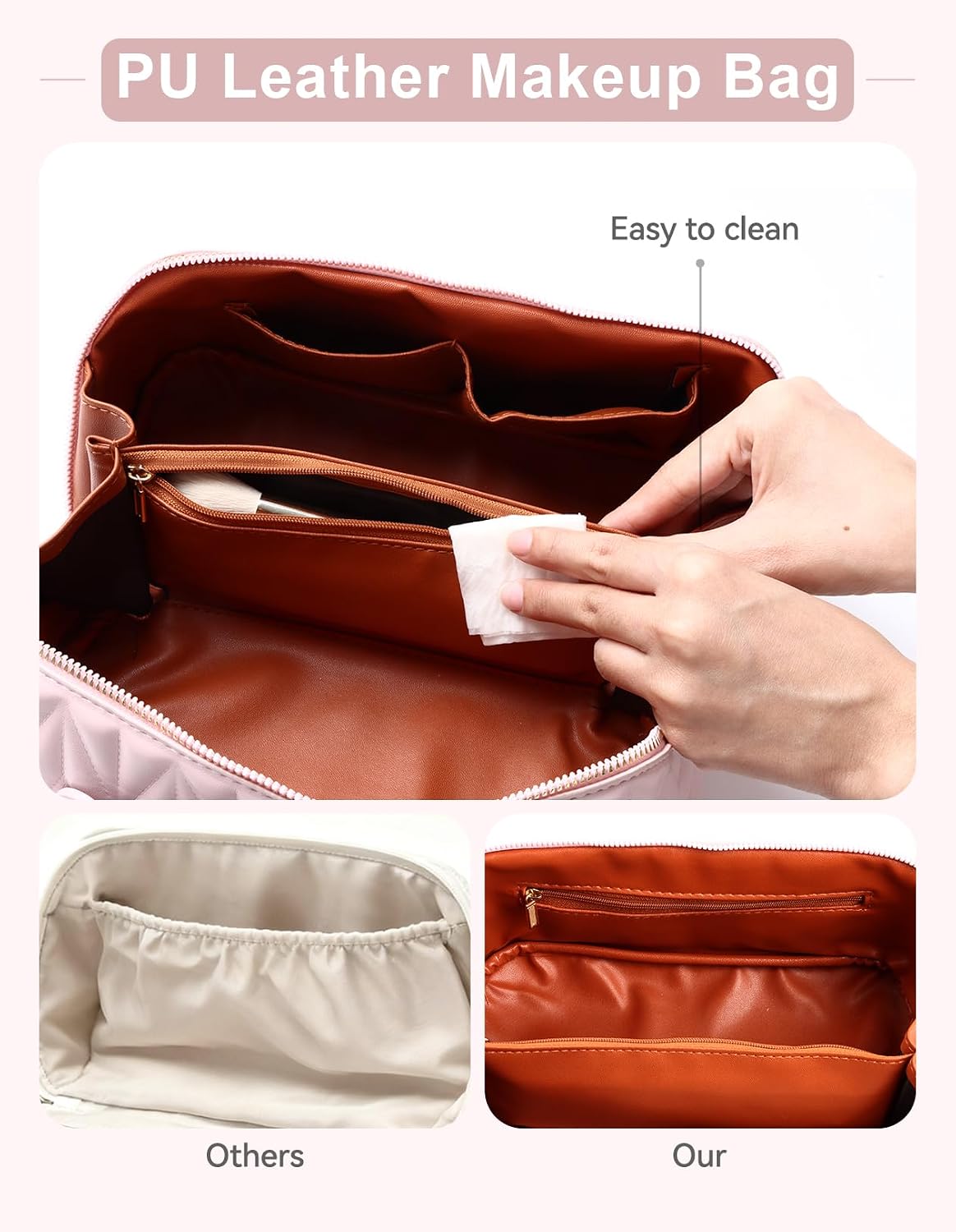 Travel Makeup Bag for Women, Large Capacity Cosmetic Bags for Girls, Compact Pouch Make up Organizer, Waterproof Toiletry Bag with Divider and Handle (Pink)