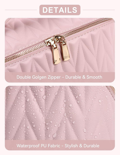 Travel Makeup Bag for Women, Large Capacity Cosmetic Bags for Girls, Compact Pouch Make up Organizer, Waterproof Toiletry Bag with Divider and Handle (Pink)