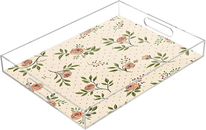 Retro Floral Pink Serving Tray 12" x 16" Acrylic Trays with Handles Decorative Serving Platter for Coffee, Breakfast in Bed, Dinner, Appetizers, Patio, Party
