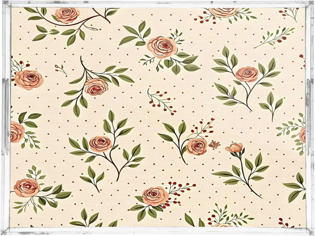 Retro Floral Pink Serving Tray 12" x 16" Acrylic Trays with Handles Decorative Serving Platter for Coffee, Breakfast in Bed, Dinner, Appetizers, Patio, Party