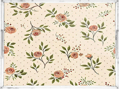 Retro Floral Pink Serving Tray 12" x 16" Acrylic Trays with Handles Decorative Serving Platter for Coffee, Breakfast in Bed, Dinner, Appetizers, Patio, Party