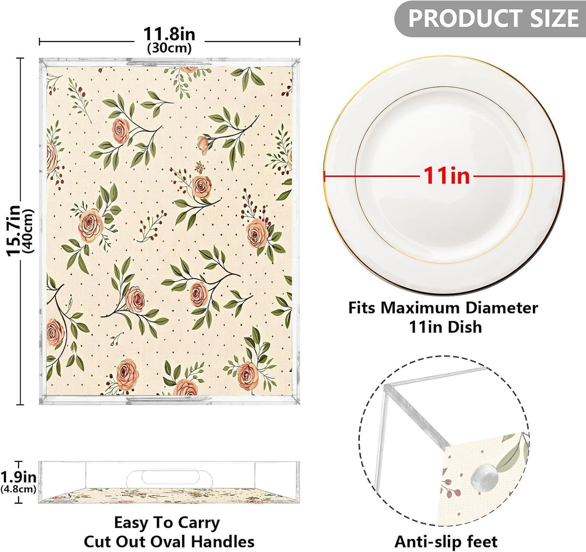 Retro Floral Pink Serving Tray 12" x 16" Acrylic Trays with Handles Decorative Serving Platter for Coffee, Breakfast in Bed, Dinner, Appetizers, Patio, Party