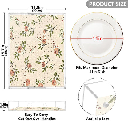 Retro Floral Pink Serving Tray 12" x 16" Acrylic Trays with Handles Decorative Serving Platter for Coffee, Breakfast in Bed, Dinner, Appetizers, Patio, Party