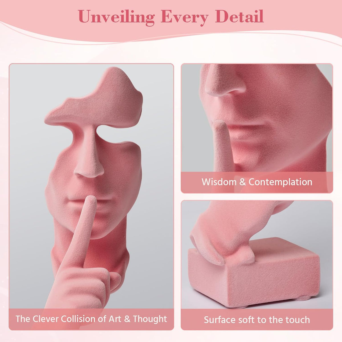 Thinker Statue Speak No Evil with Soft Velvety Texture, Pink