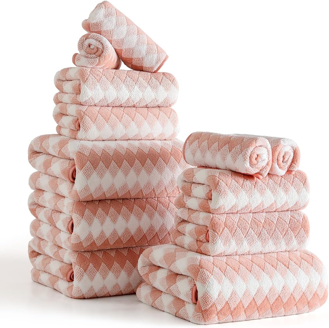 12 Pcs Pink White Diamond Towel Set-4 Bath Towels,4 Hand Towels,4 Washcloths Soft Polyester Towels with Loop Absorbent Shower Towel Quick Dry Beach Chair Towel Family Towels for Bathroom Spa Gym Pool