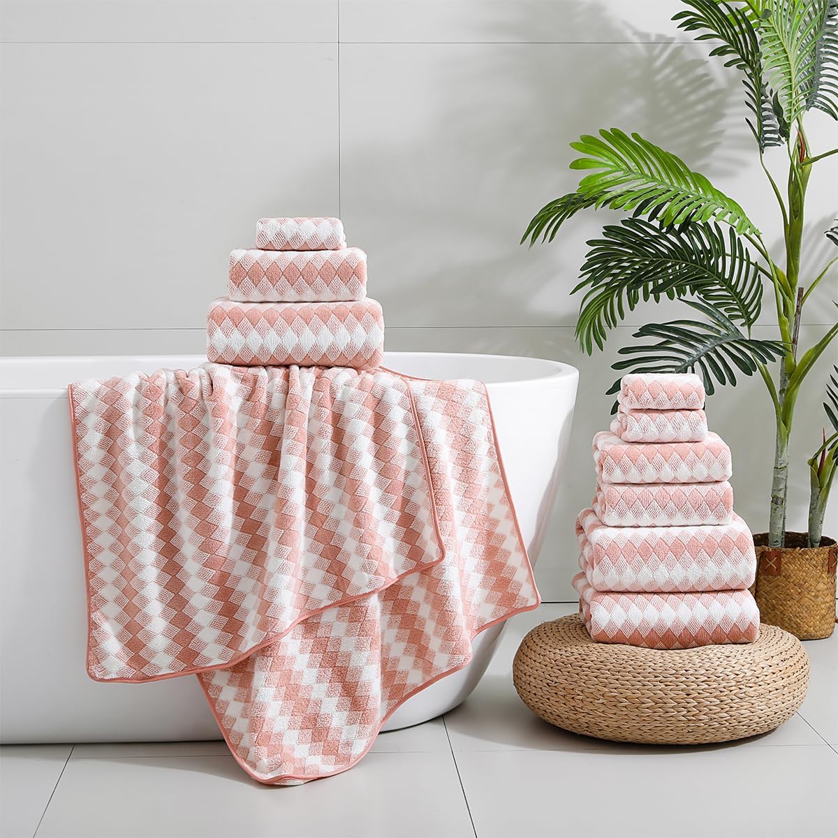 12 Pcs Pink White Diamond Towel Set-4 Bath Towels,4 Hand Towels,4 Washcloths Soft Polyester Towels with Loop Absorbent Shower Towel Quick Dry Beach Chair Towel Family Towels for Bathroom Spa Gym Pool
