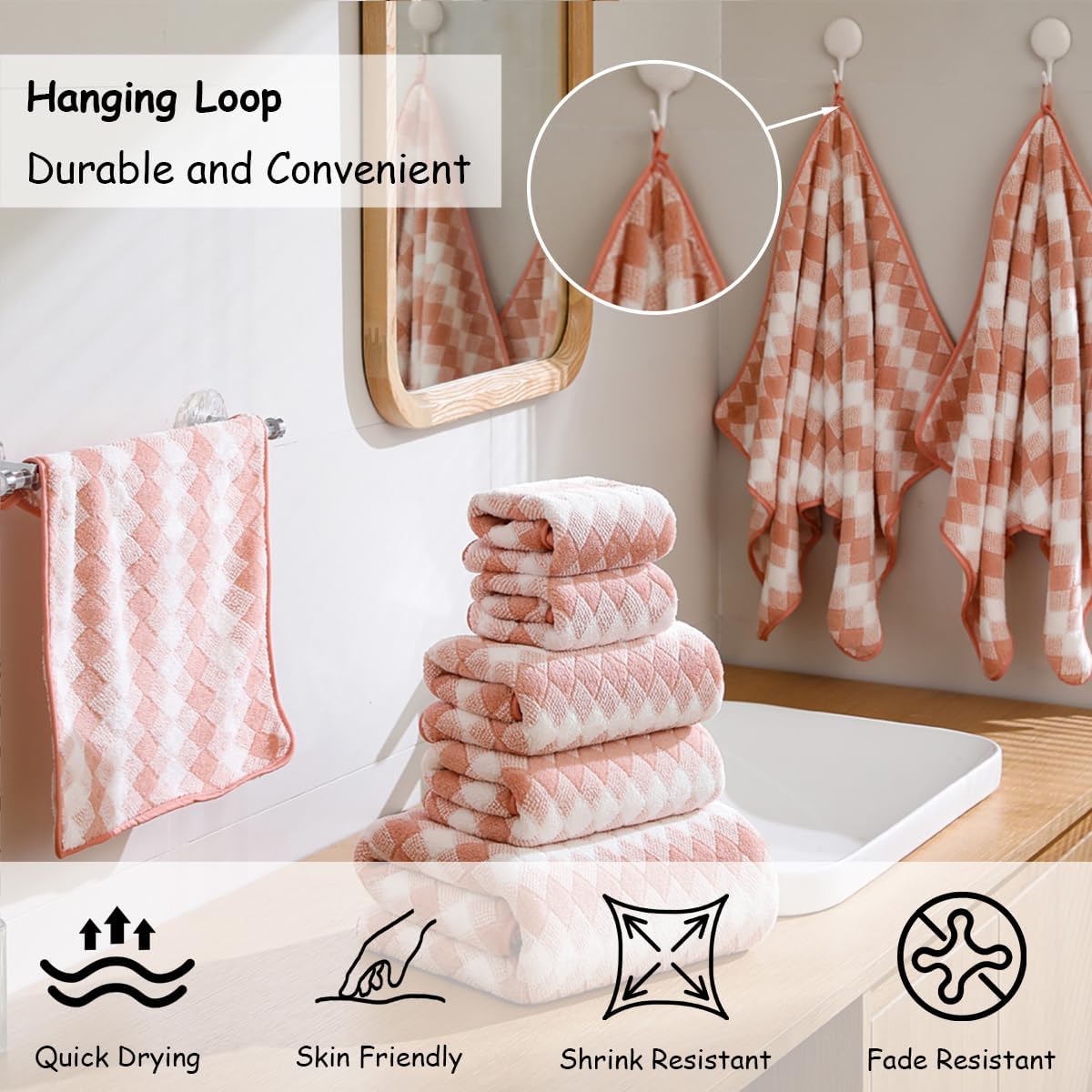 12 Pcs Pink White Diamond Towel Set-4 Bath Towels,4 Hand Towels,4 Washcloths Soft Polyester Towels with Loop Absorbent Shower Towel Quick Dry Beach Chair Towel Family Towels for Bathroom Spa Gym Pool