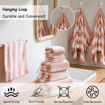 12 Pcs Pink White Diamond Towel Set-4 Bath Towels,4 Hand Towels,4 Washcloths Soft Polyester Towels with Loop Absorbent Shower Towel Quick Dry Beach Chair Towel Family Towels for Bathroom Spa Gym Pool