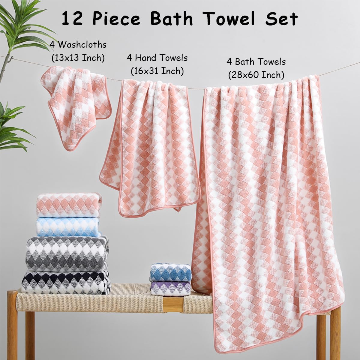 12 Pcs Pink White Diamond Towel Set-4 Bath Towels,4 Hand Towels,4 Washcloths Soft Polyester Towels with Loop Absorbent Shower Towel Quick Dry Beach Chair Towel Family Towels for Bathroom Spa Gym Pool