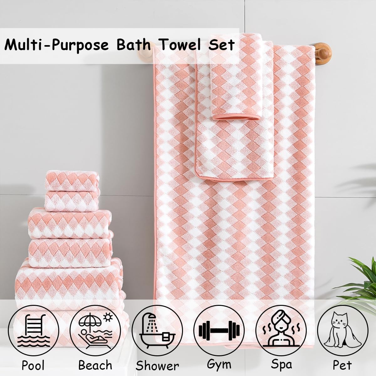 12 Pcs Pink White Diamond Towel Set-4 Bath Towels,4 Hand Towels,4 Washcloths Soft Polyester Towels with Loop Absorbent Shower Towel Quick Dry Beach Chair Towel Family Towels for Bathroom Spa Gym Pool