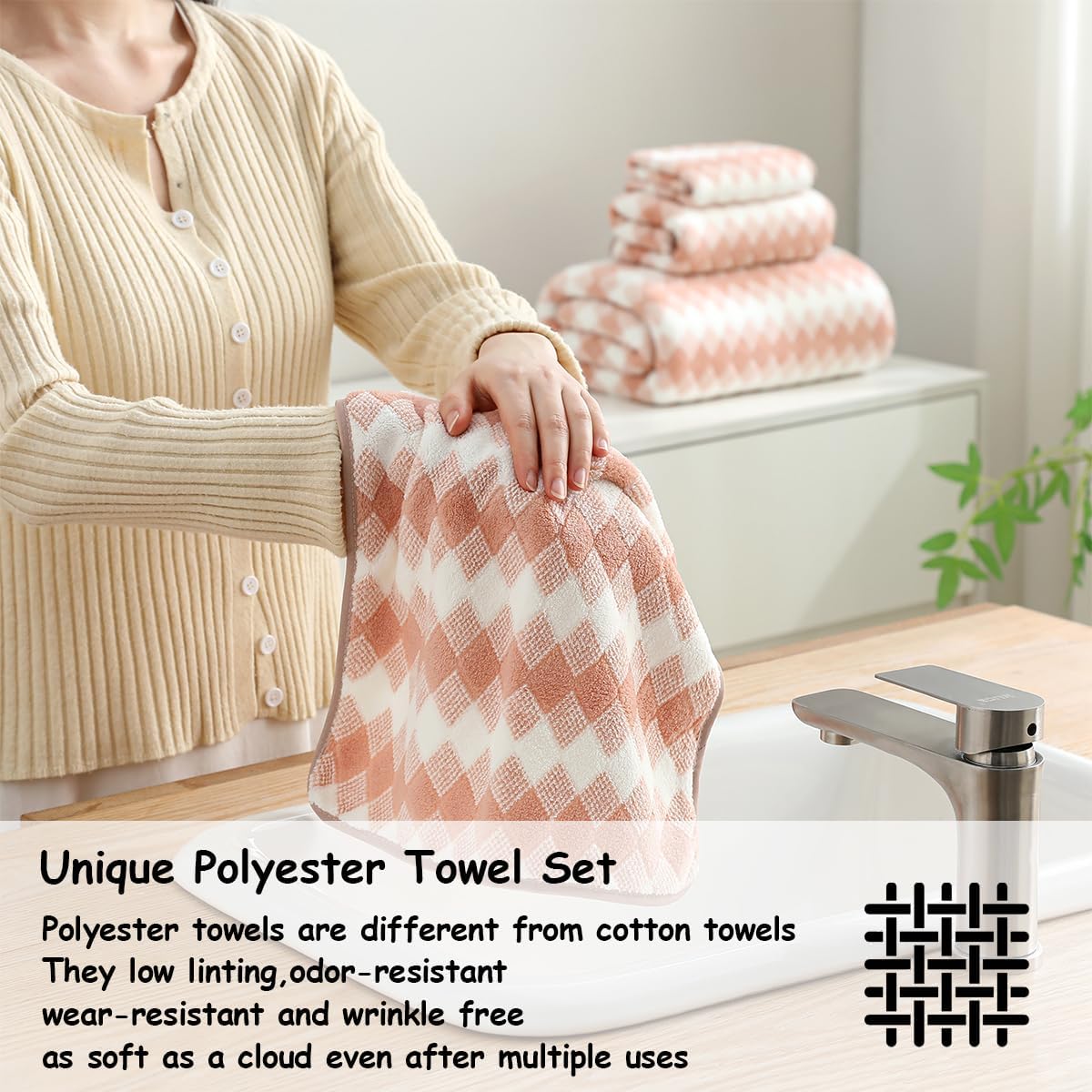 12 Pcs Pink White Diamond Towel Set-4 Bath Towels,4 Hand Towels,4 Washcloths Soft Polyester Towels with Loop Absorbent Shower Towel Quick Dry Beach Chair Towel Family Towels for Bathroom Spa Gym Pool