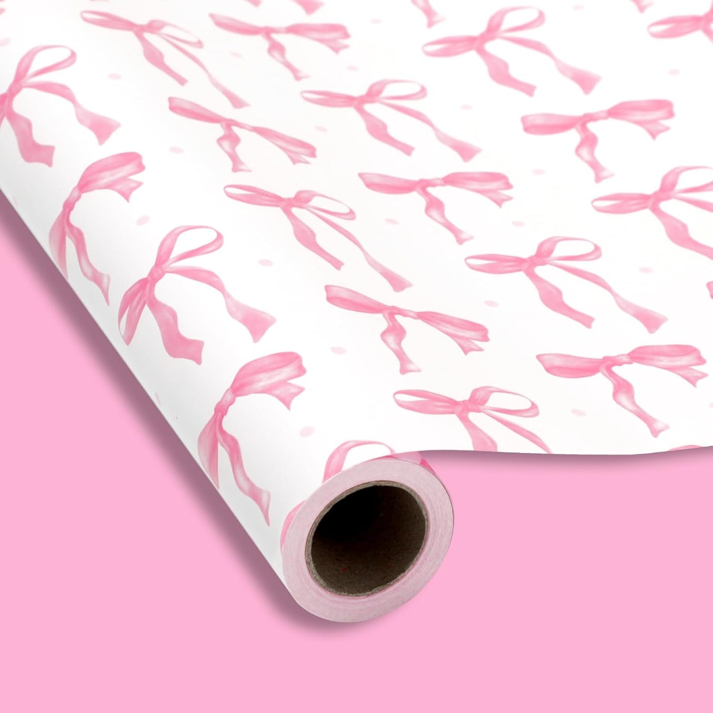 Pink Bow Wrapping Paper -Mini Roll- 17In x 32.8Ft Cute Coquette Bowknot Gift Wrap Paper Double-Printed Craft Sheet for Birthday Bridal Party Packing Supplies