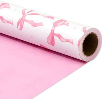 Pink Bow Wrapping Paper -Mini Roll- 17In x 32.8Ft Cute Coquette Bowknot Gift Wrap Paper Double-Printed Craft Sheet for Birthday Bridal Party Packing Supplies