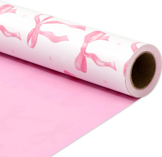 Pink Bow Wrapping Paper -Mini Roll- 17In x 32.8Ft Cute Coquette Bowknot Gift Wrap Paper Double-Printed Craft Sheet for Birthday Bridal Party Packing Supplies