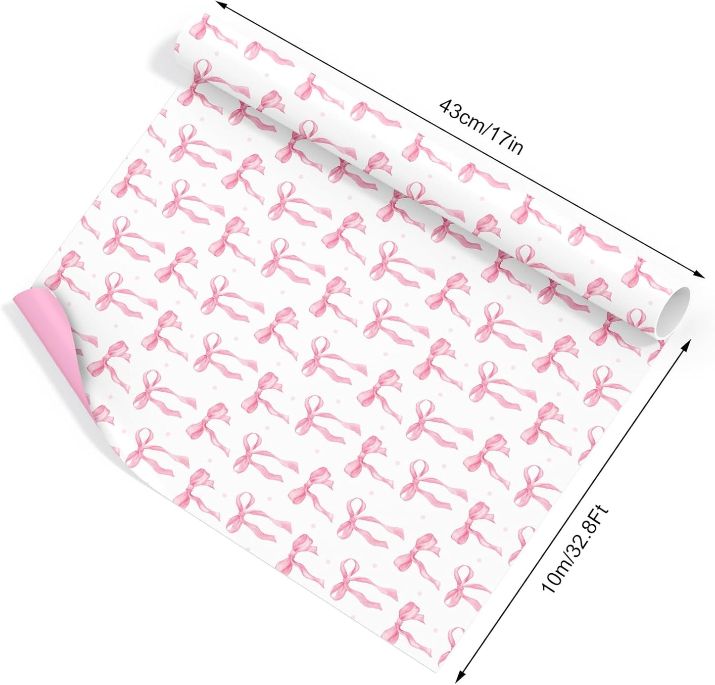 Pink Bow Wrapping Paper -Mini Roll- 17In x 32.8Ft Cute Coquette Bowknot Gift Wrap Paper Double-Printed Craft Sheet for Birthday Bridal Party Packing Supplies