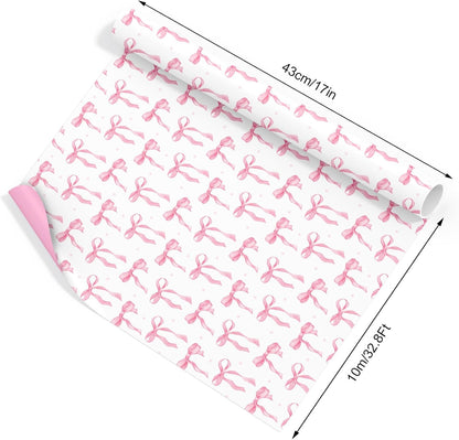 Pink Bow Wrapping Paper -Mini Roll- 17In x 32.8Ft Cute Coquette Bowknot Gift Wrap Paper Double-Printed Craft Sheet for Birthday Bridal Party Packing Supplies