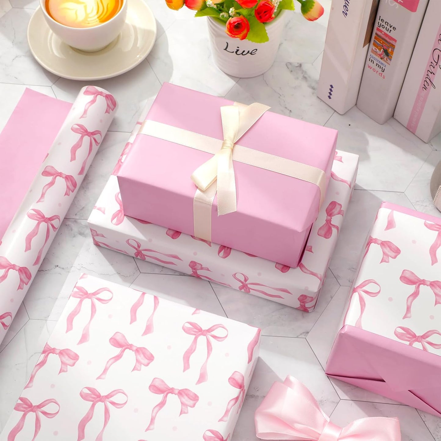 Pink Bow Wrapping Paper -Mini Roll- 17In x 32.8Ft Cute Coquette Bowknot Gift Wrap Paper Double-Printed Craft Sheet for Birthday Bridal Party Packing Supplies
