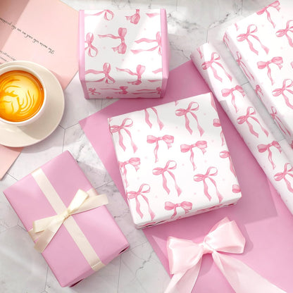 Pink Bow Wrapping Paper -Mini Roll- 17In x 32.8Ft Cute Coquette Bowknot Gift Wrap Paper Double-Printed Craft Sheet for Birthday Bridal Party Packing Supplies