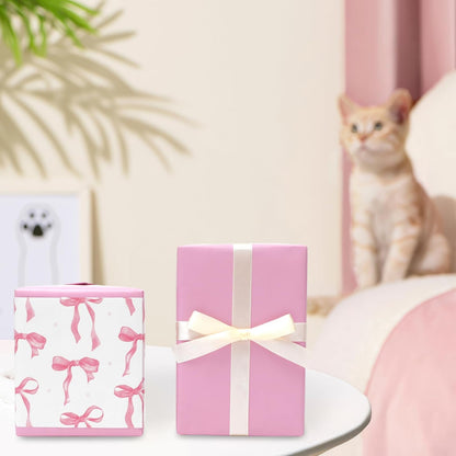 Pink Bow Wrapping Paper -Mini Roll- 17In x 32.8Ft Cute Coquette Bowknot Gift Wrap Paper Double-Printed Craft Sheet for Birthday Bridal Party Packing Supplies
