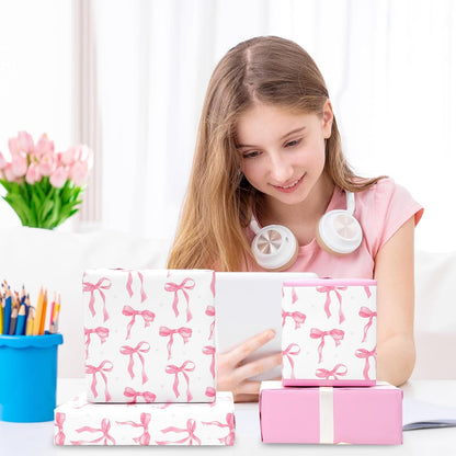 Pink Bow Wrapping Paper -Mini Roll- 17In x 32.8Ft Cute Coquette Bowknot Gift Wrap Paper Double-Printed Craft Sheet for Birthday Bridal Party Packing Supplies