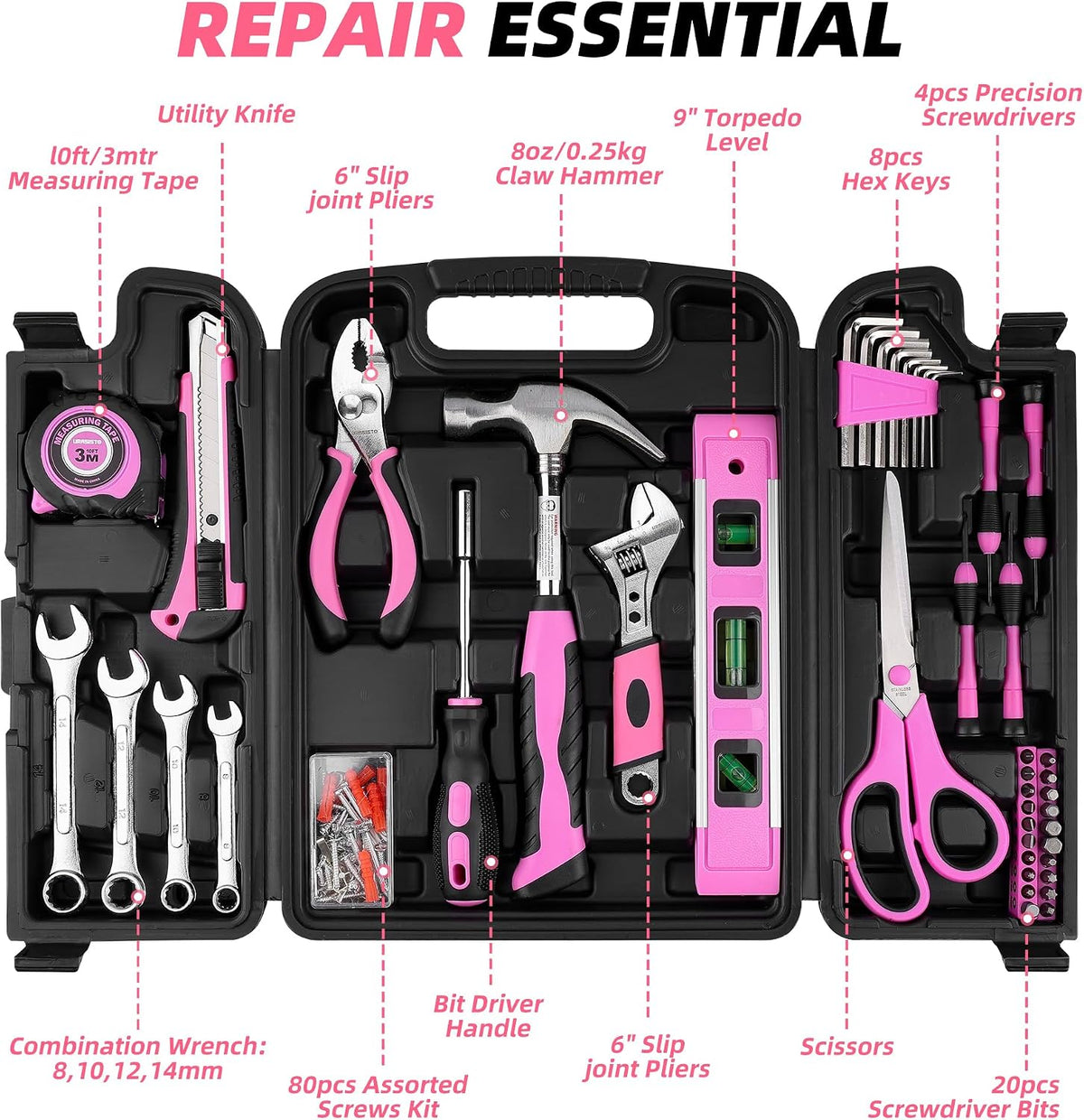125 PCS Pink Household Tool Set, Pink Ladies Basic House DIY Toolkit Set for Home Garage Office College Dormitory Use, Hand Tool Kits for Women