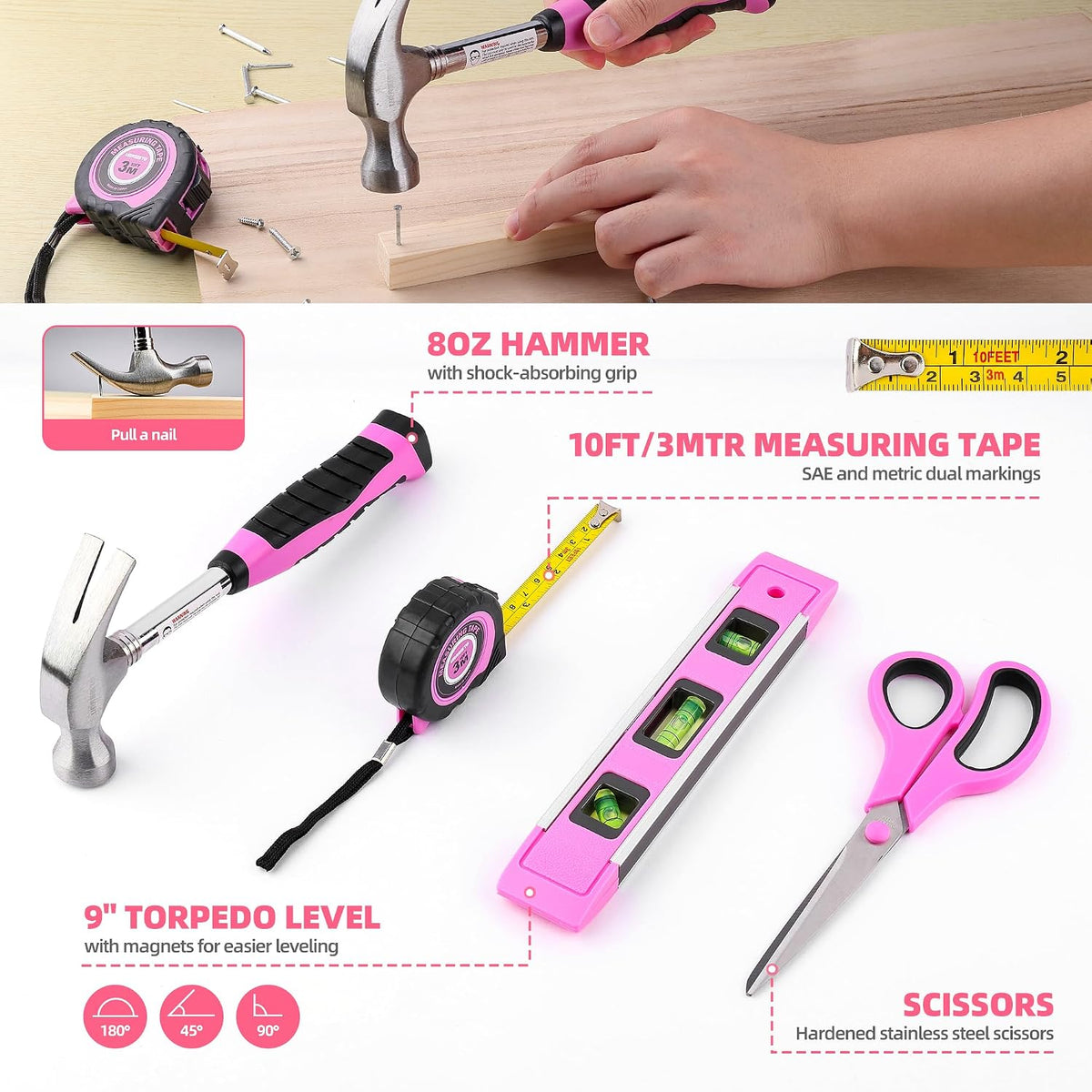 125 PCS Pink Household Tool Set, Pink Ladies Basic House DIY Toolkit Set for Home Garage Office College Dormitory Use, Hand Tool Kits for Women