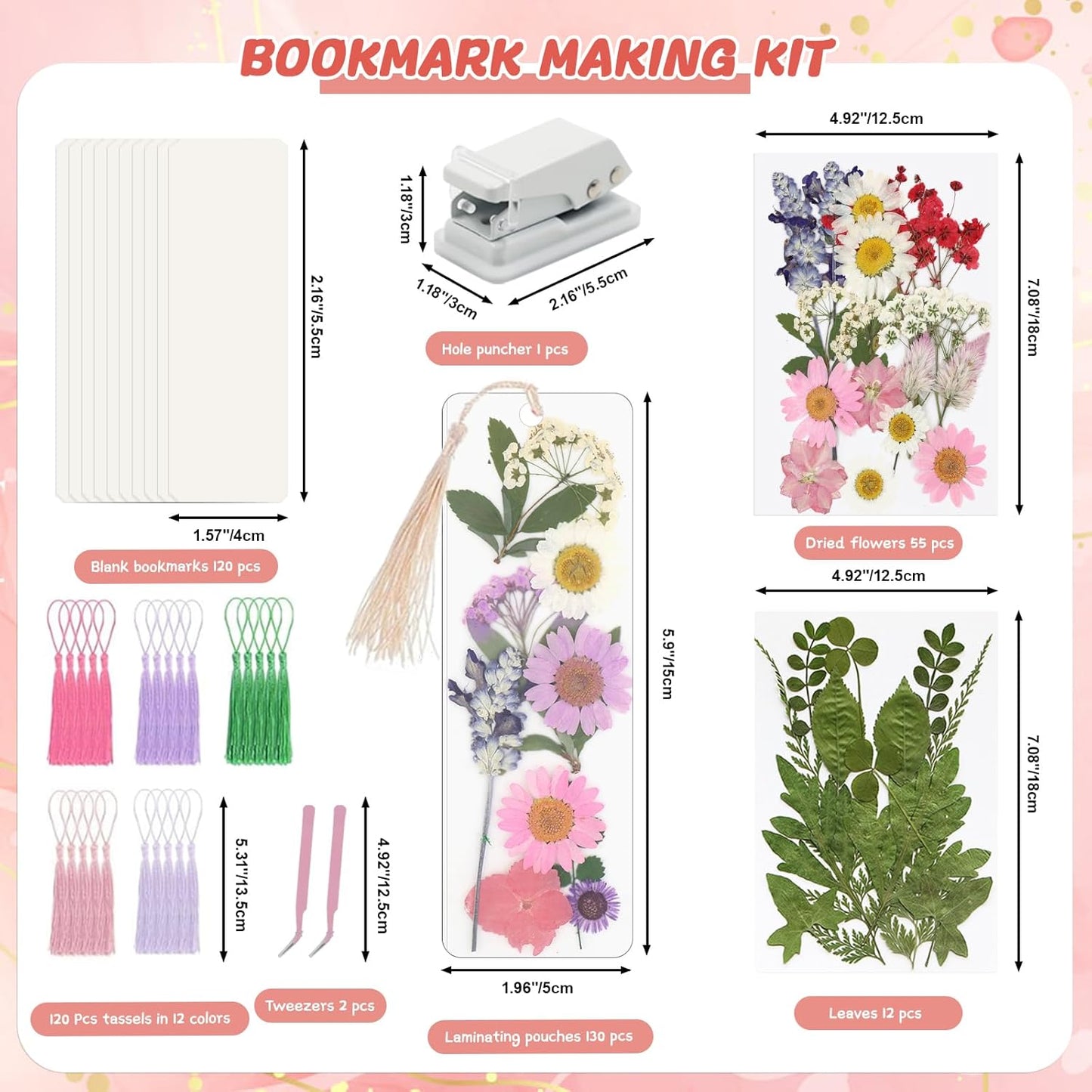 440 Pcs Pressed Flower Bookmark Making Kit, DIY Bookmark Laminating Pouches with Tassels and Puncher, Dried Flower Craft Kits for Adults Women, Valentine Bookish Gifts for Book Lovers
